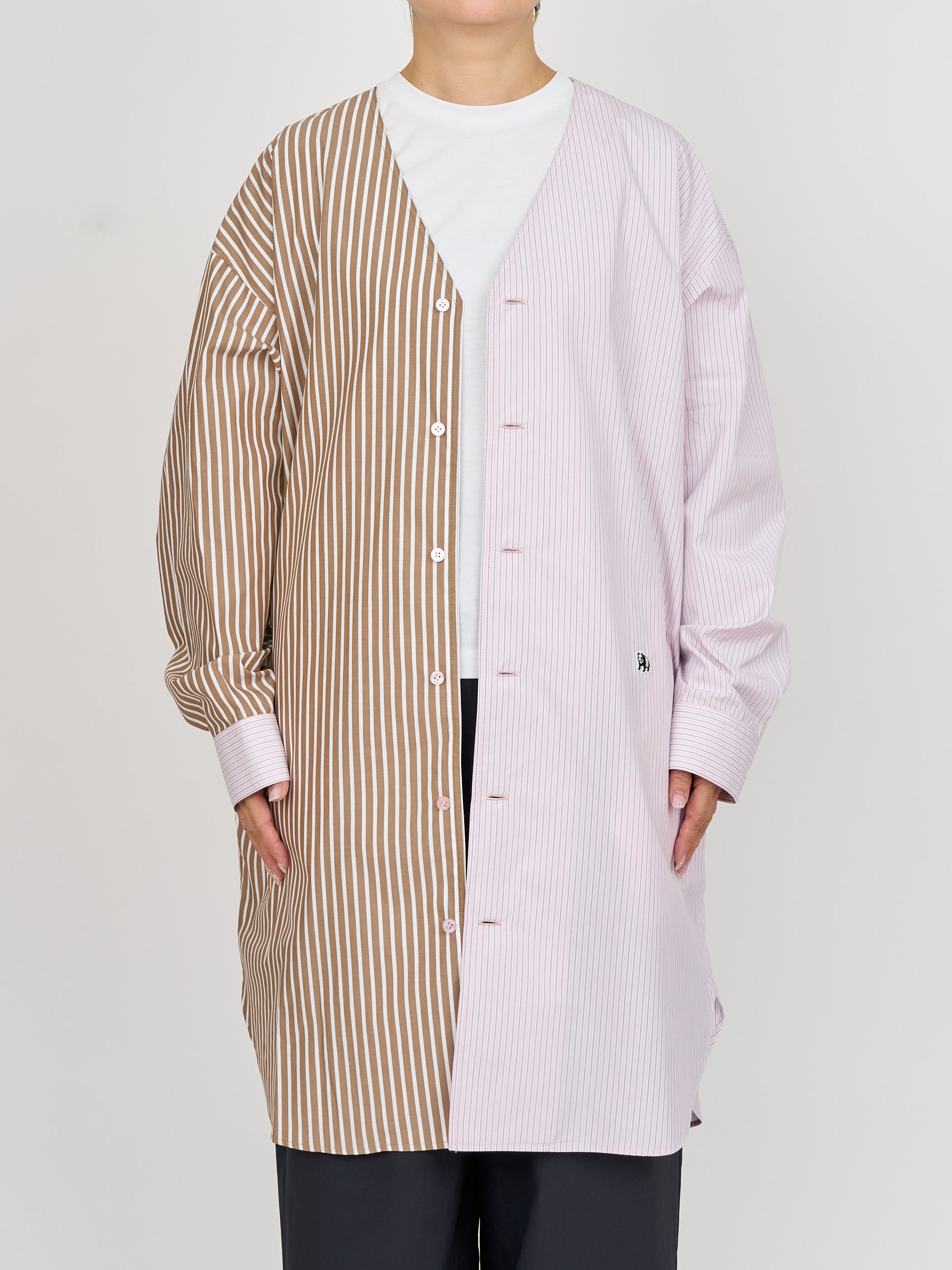 【受注商品】two-tone stripe long shirt・PINK×BROWN
