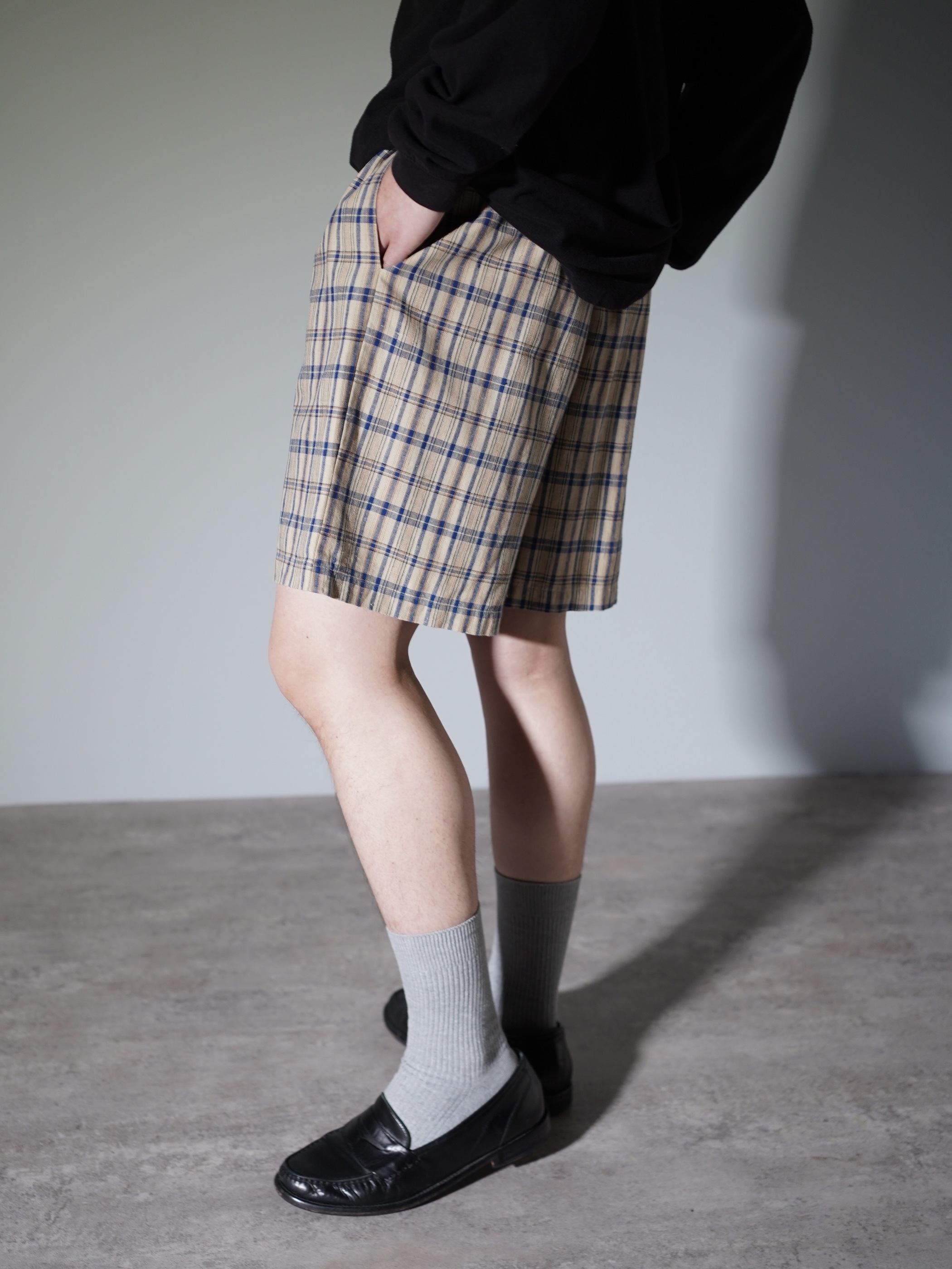 1990's KZK Elastic Cotton linen check shorts / Made in Hong Kong