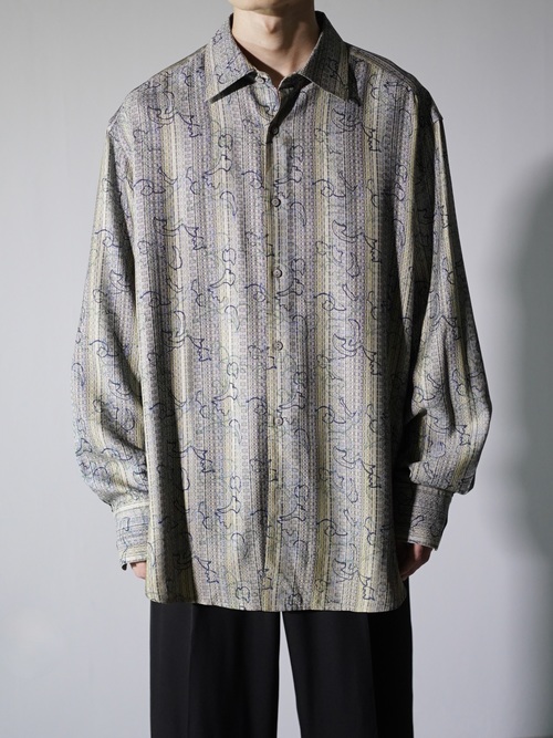 1990's JHANE BARNES Silk Cotton abstract pattern on stripe L/S shirts