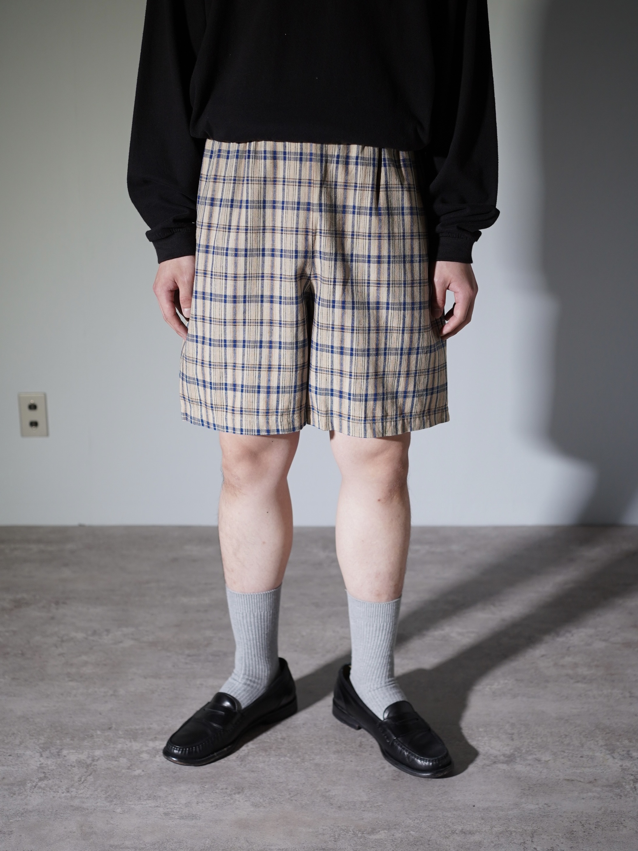 1990's KZK Elastic Cotton linen check shorts / Made in Hong Kong
