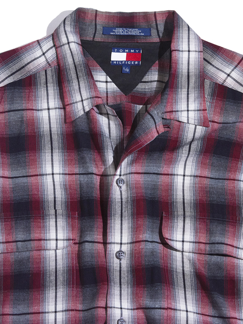 1990s "TOMMY HILFIGER" rayon ombre check shirt -RED-