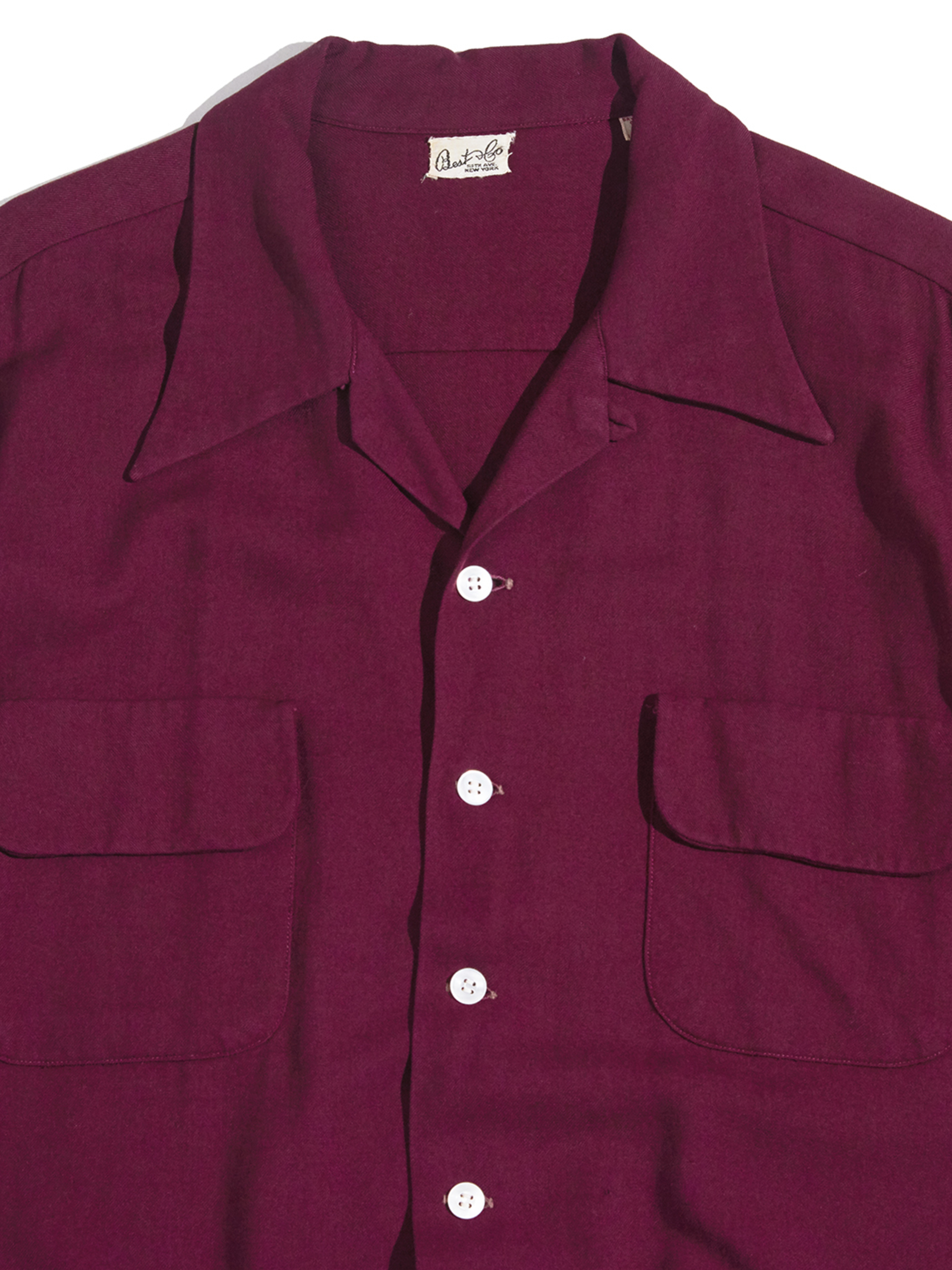 1940s "unknown" rayon / wool? gabardine open collar shirt -BURGANDY-