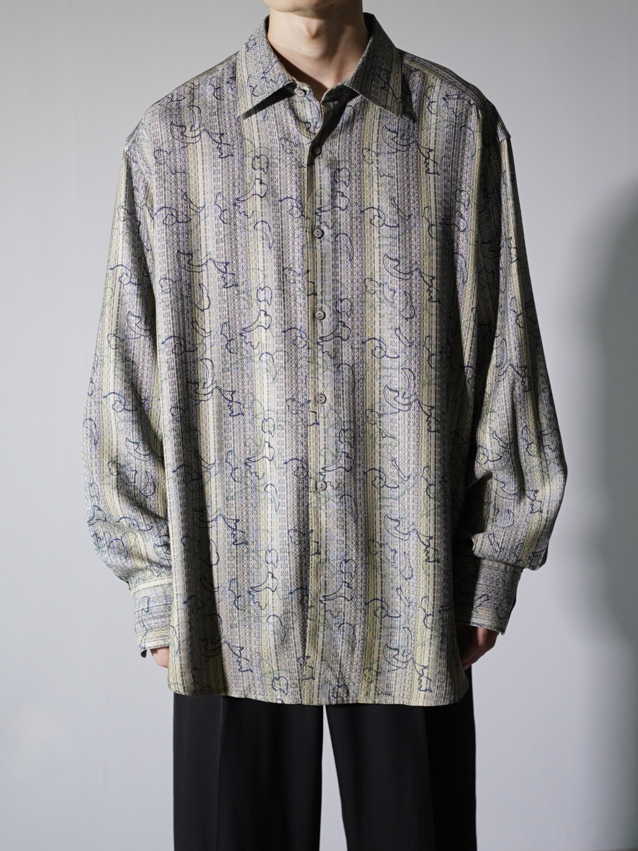 1990's JHANE BARNES Silk Cotton abstract pattern on stripe L/S shirts
