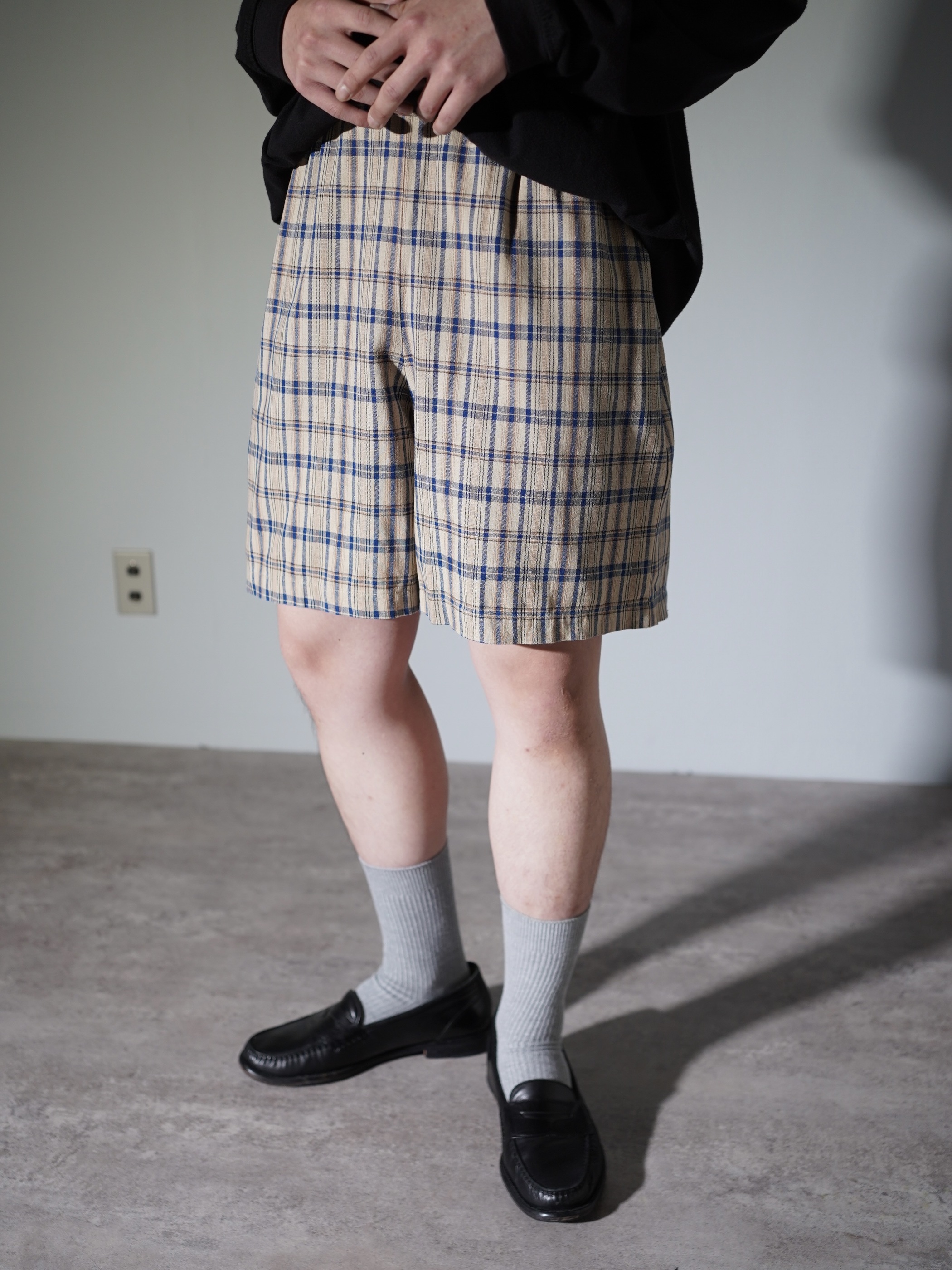 1990's KZK Elastic Cotton linen check shorts / Made in Hong Kong
