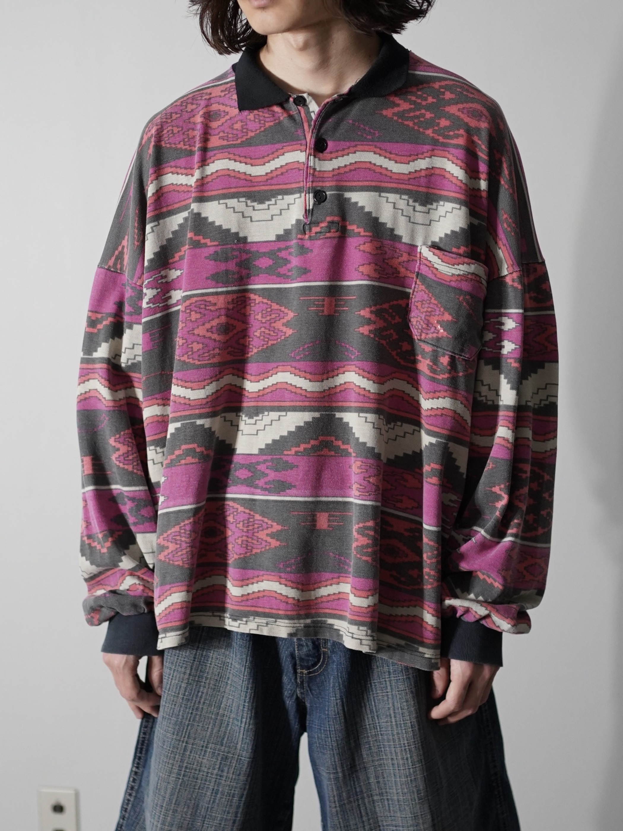 1980~90's wide silhouette native pattern L/S polo shirts