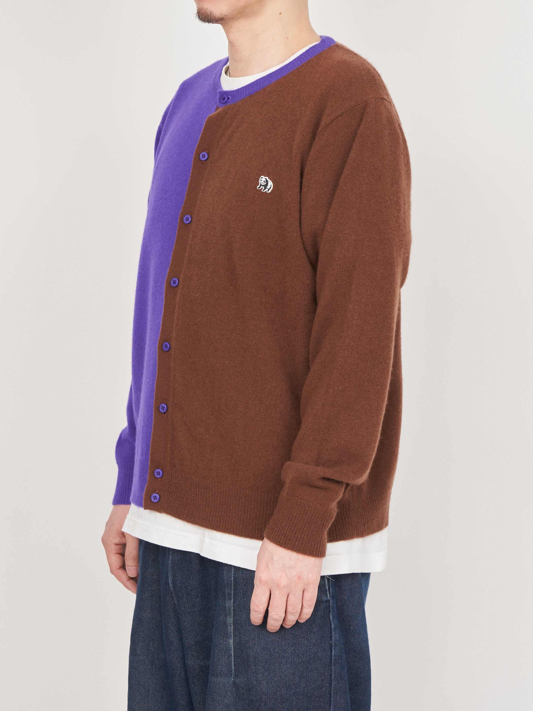 【受注商品】two-tone cashmere cardigan・PURPLE×BROWN