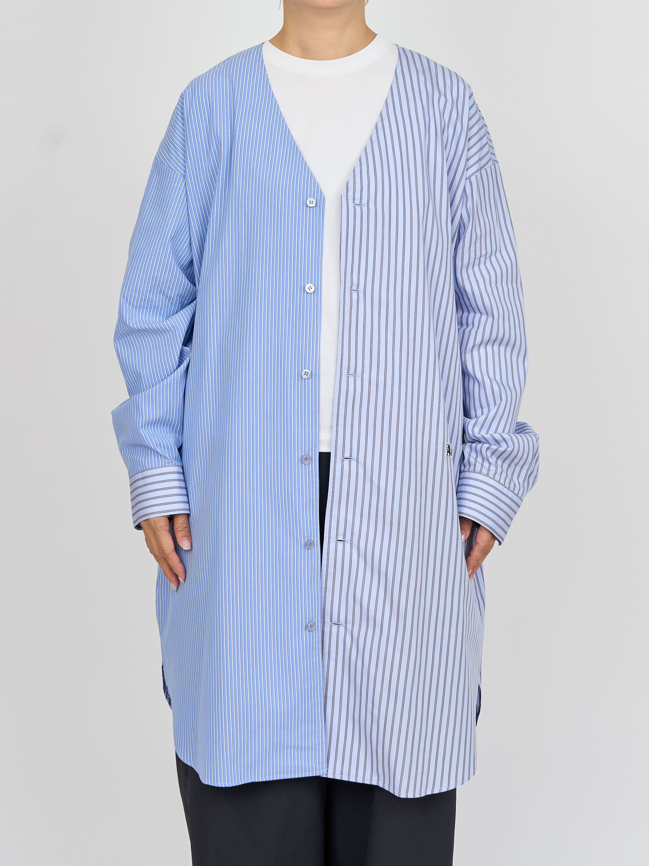 【受注商品】two-tone stripe long shirt・LT.BLUE×BROWN