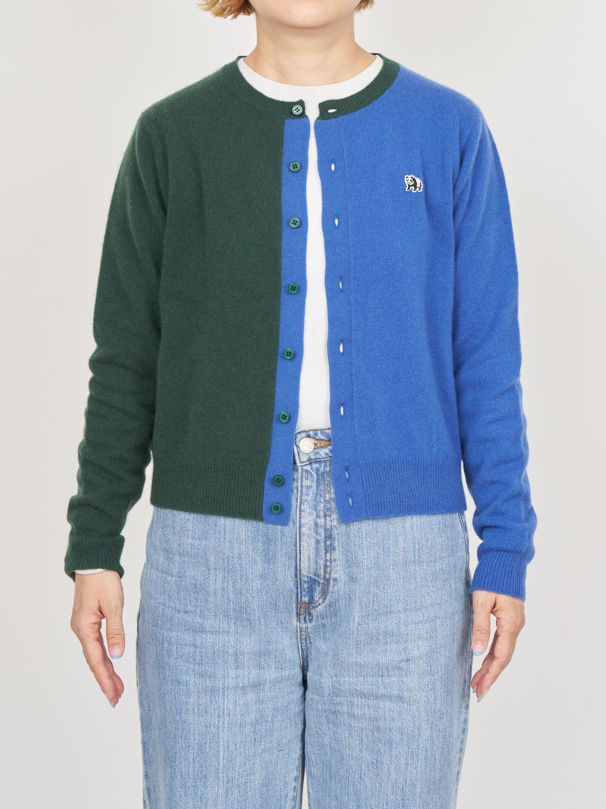 【受注商品】two-tone cashmere cardigan・GREEN×BLUE