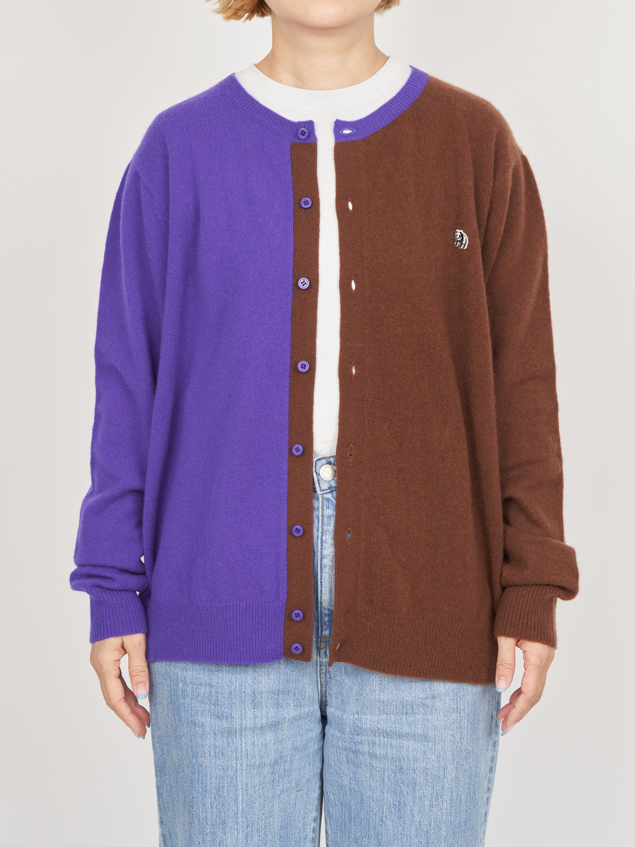 【受注商品】two-tone cashmere cardigan・PURPLE×BROWN