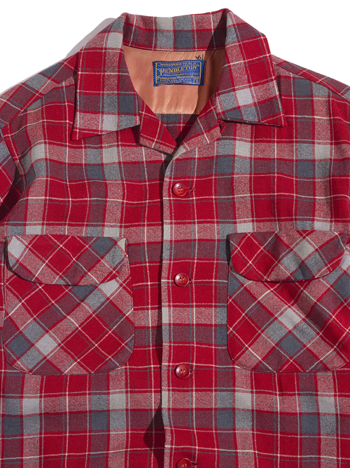 1950s "PENDLETON" open collar wool check shirt -RED-