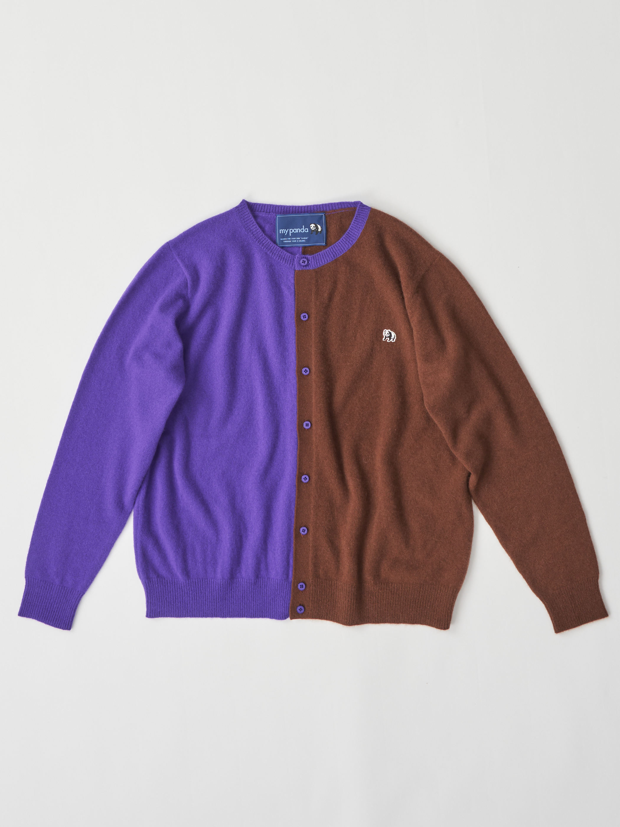 【受注商品】two-tone cashmere cardigan・PURPLE×BROWN