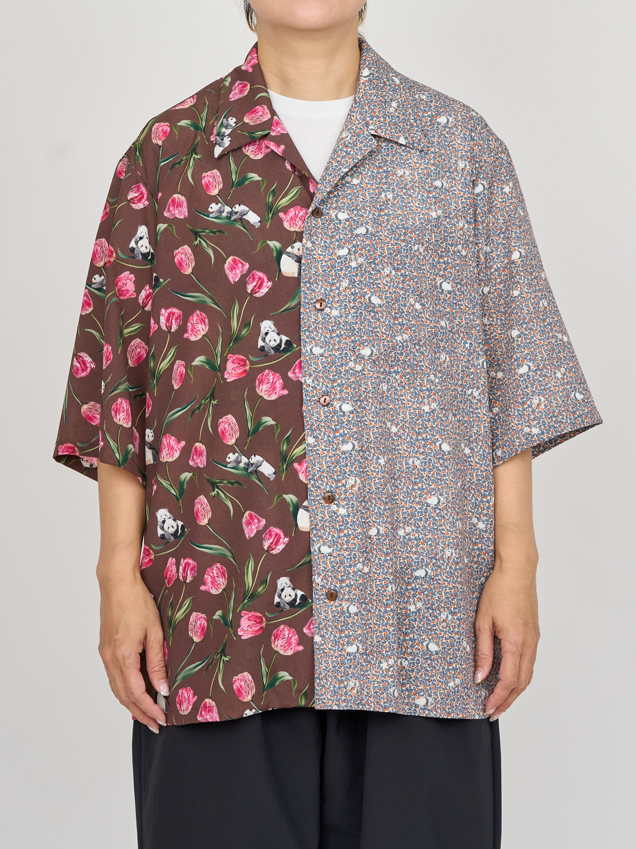【受注商品】panda printed bowling shirt・RED×GRAY