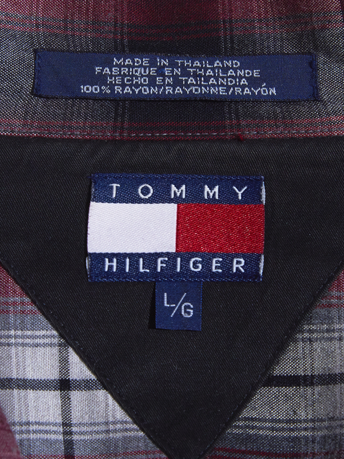 1990s "TOMMY HILFIGER" rayon ombre check shirt -RED-