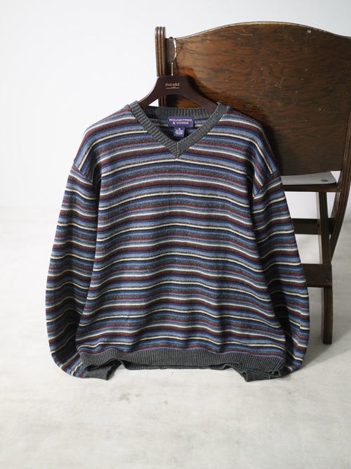 ROUNDTREE&YORKE Acrylic×Wool border V-neck knit sweater/Made in Italy