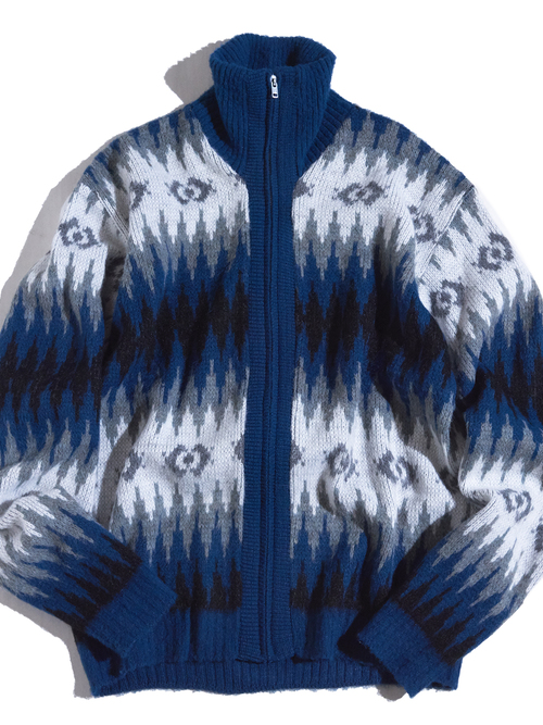 1970s "BASKIN" acrylic nordik pattern high neck zip up knit -BLUE-