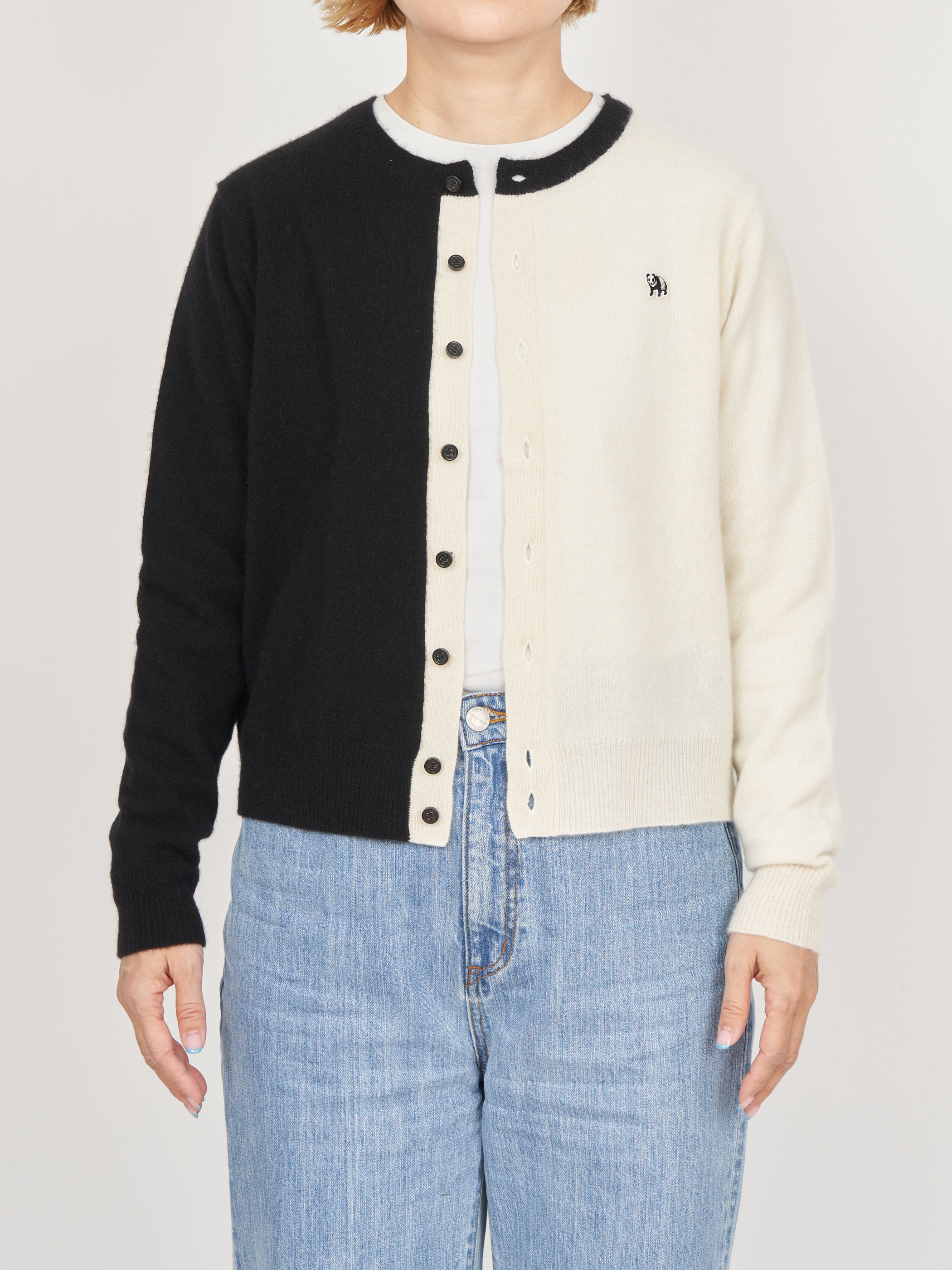 【受注商品】two-tone cashmere cardigan・BLACK×WHITE