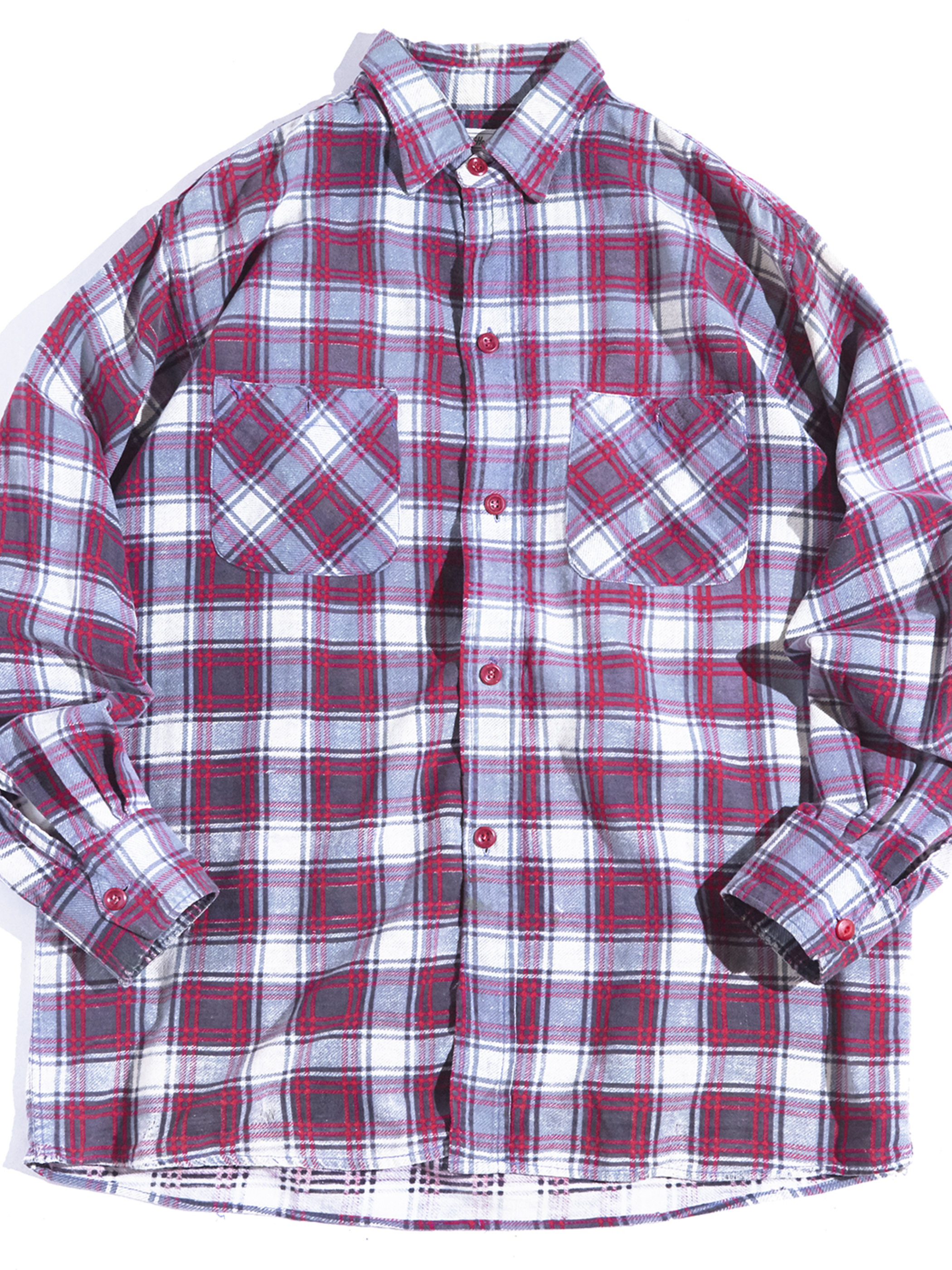 1960s "PowerHouse" print flannel check shirt -RED×GREY-