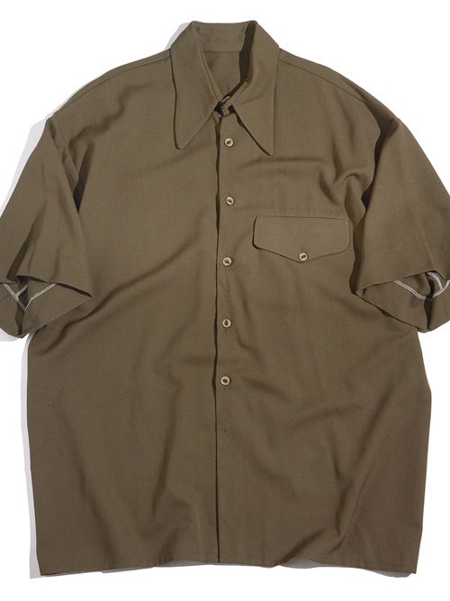 1980s "unknown" s/s big size rayon gabardine shirt -KHAKI-