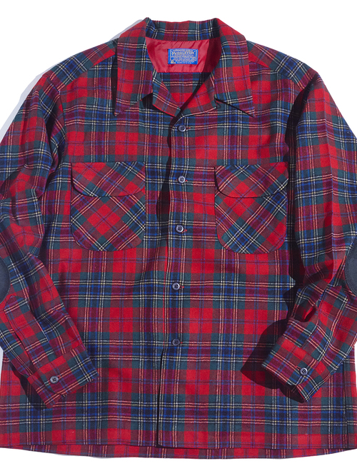 1970s "PENDLETON" wool check open collar shirt with elbow patch -RED-