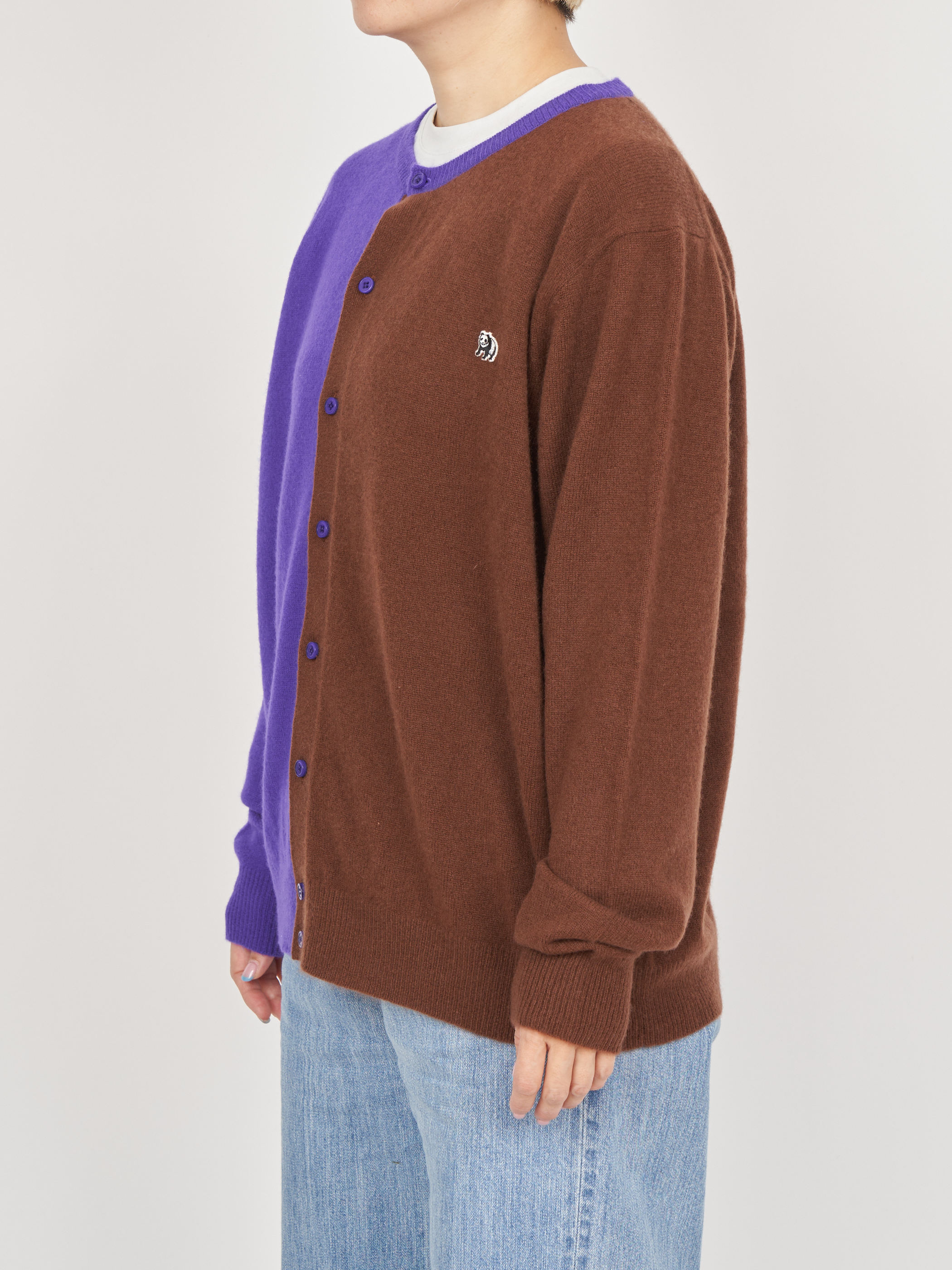 【受注商品】two-tone cashmere cardigan・PURPLE×BROWN