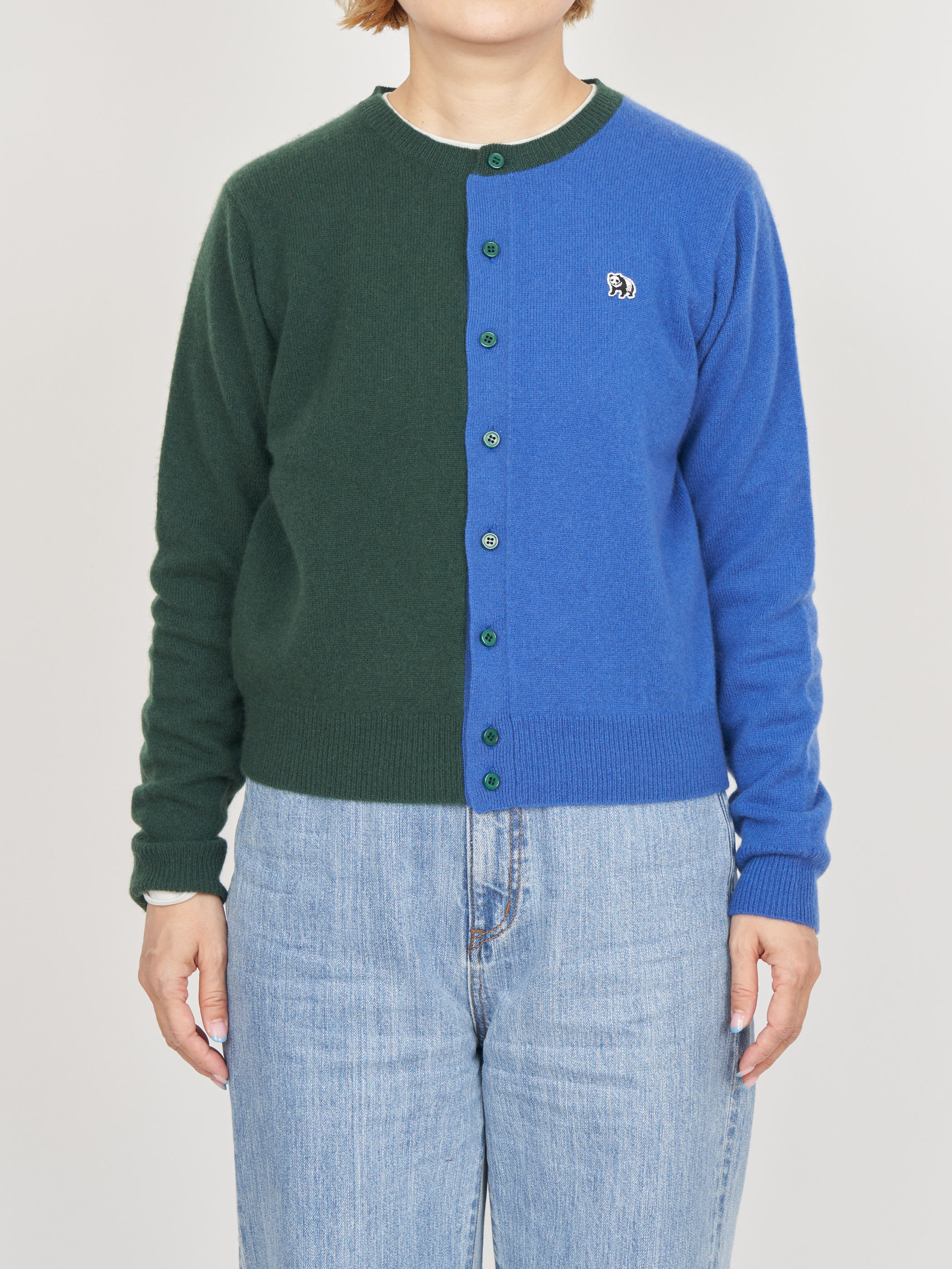 【受注商品】two-tone cashmere cardigan・GREEN×BLUE