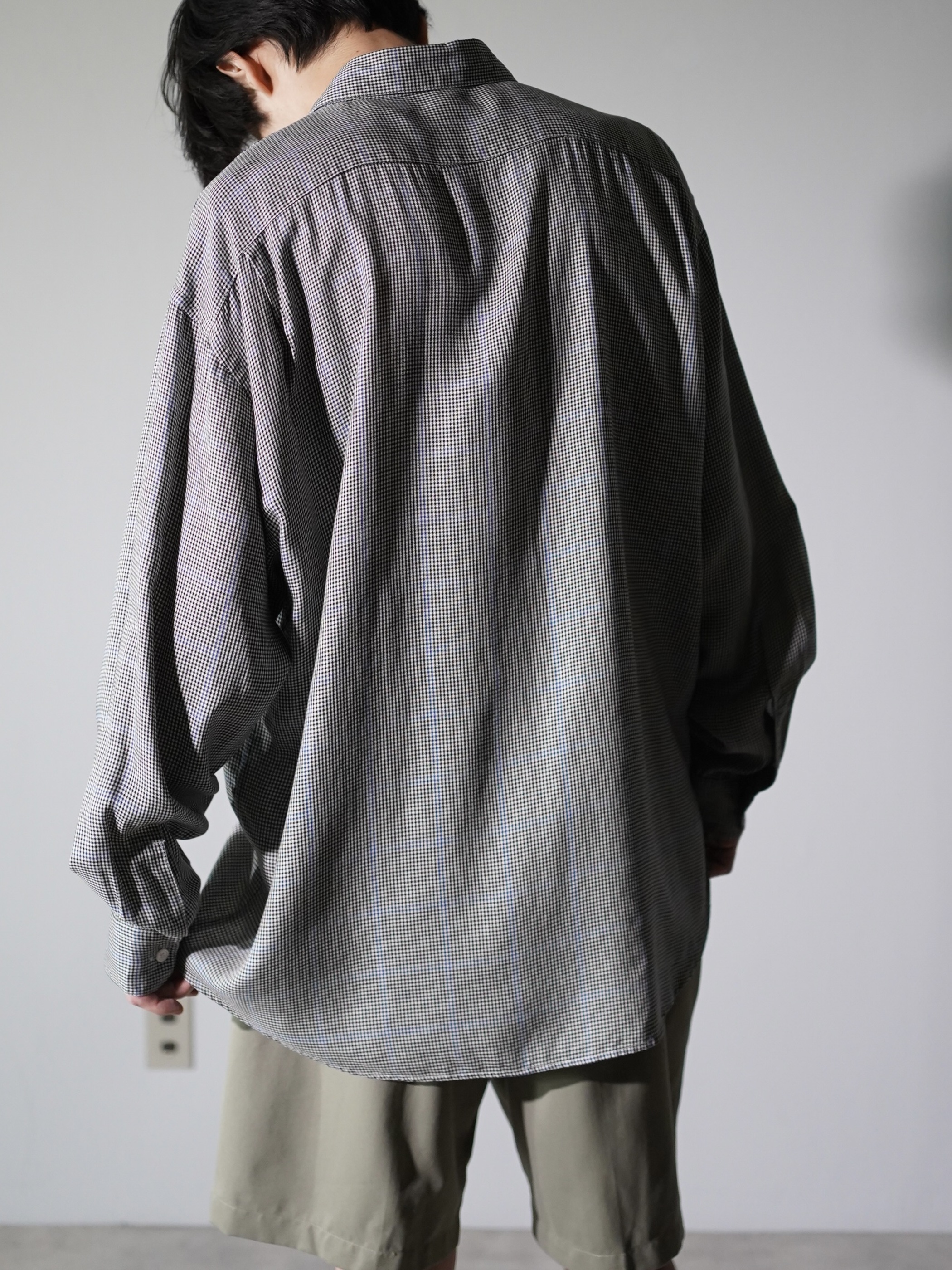 1990's PERRY ELLIS Houndstooth check 100% Rayon L/S shirts/Made in USA