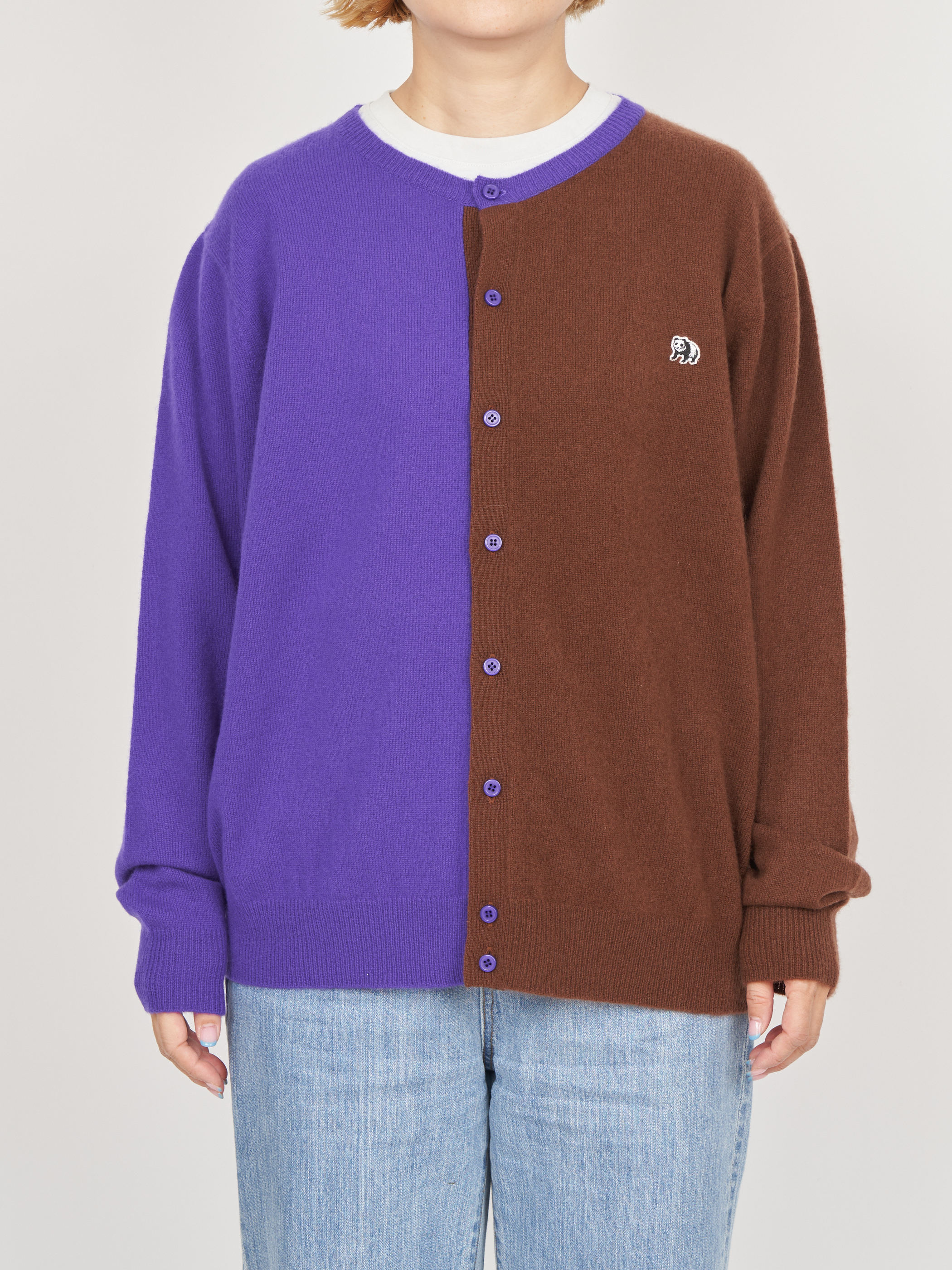 【受注商品】two-tone cashmere cardigan・PURPLE×BROWN