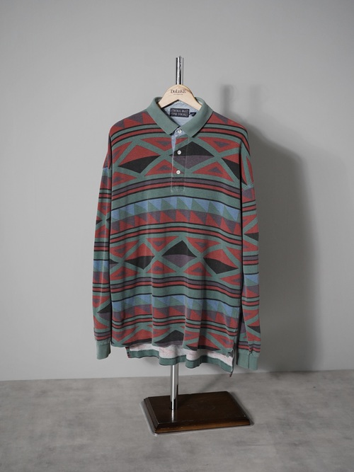 1990's THOMAS BRoS tribal pattern L/S 鹿の子polo shirt/Made in Hong Kong