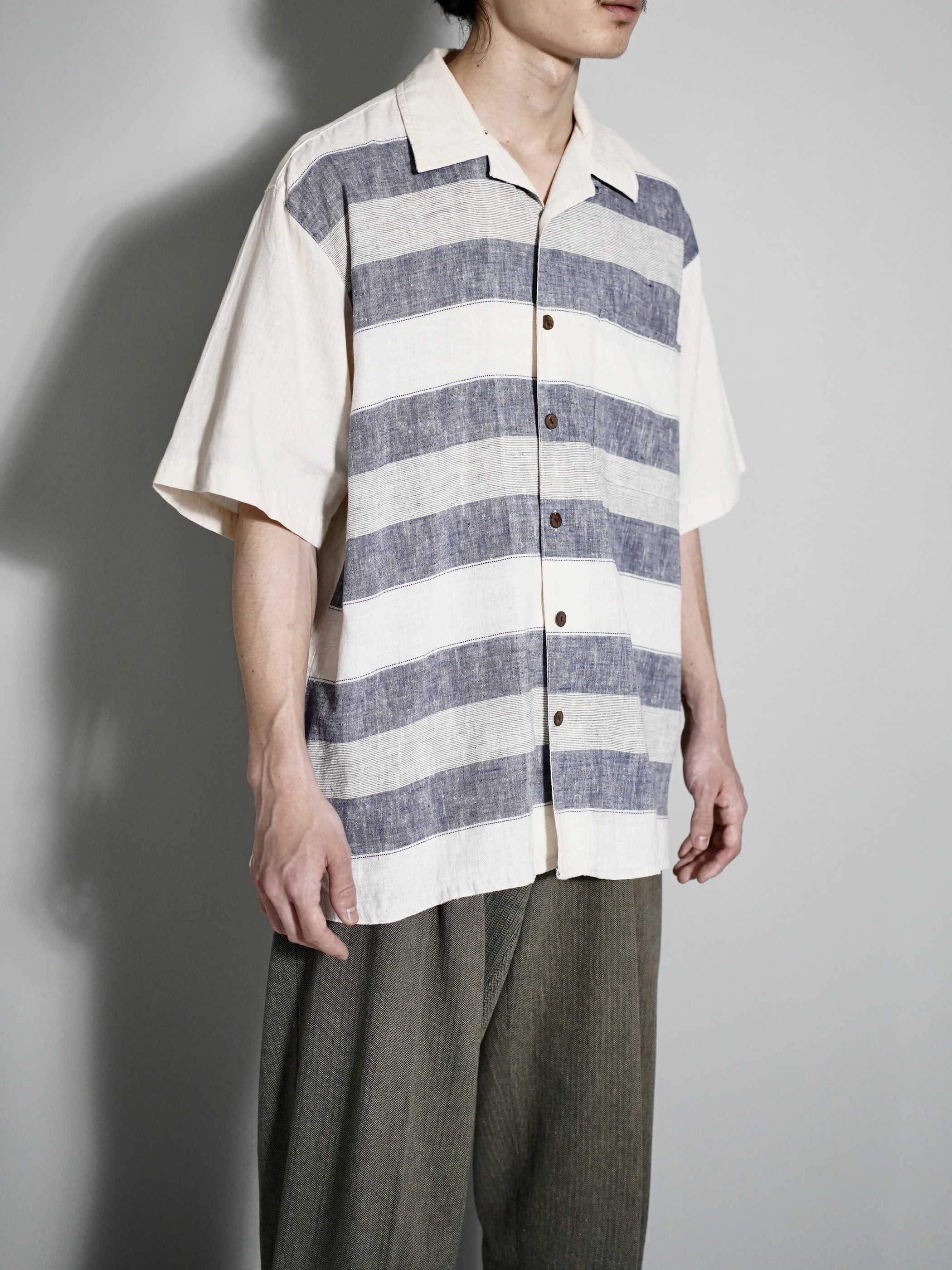 1990's C・I・T・Y STREETS Cotton×Linen Mulch border Loop-collar Shirts / Made in Hong Kong