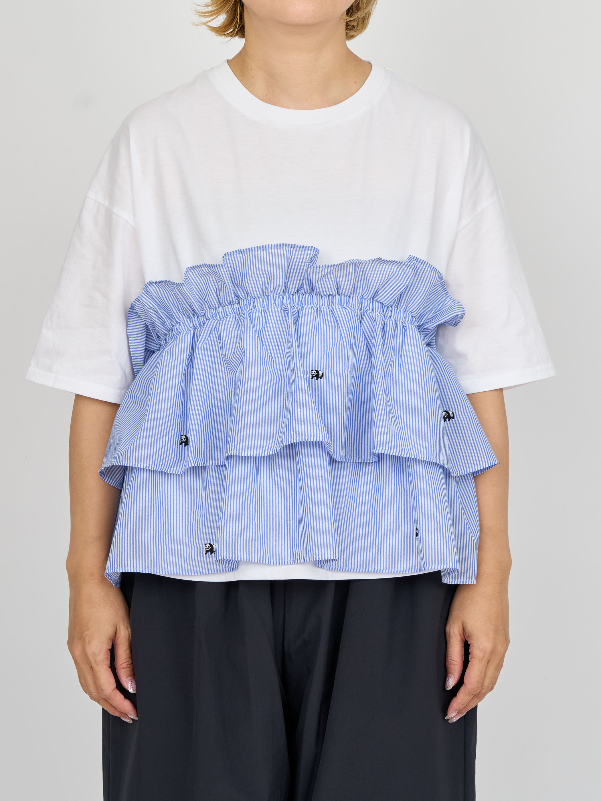 【受注商品】mini pandas frilled top・WHITE×STRIPE