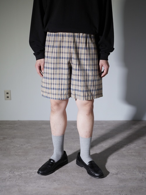 1990's KZK Elastic Cotton linen check shorts / Made in Hong Kong
