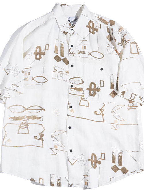 1990s "GOOUCH" pattern linen s/s shirt-ECRU-