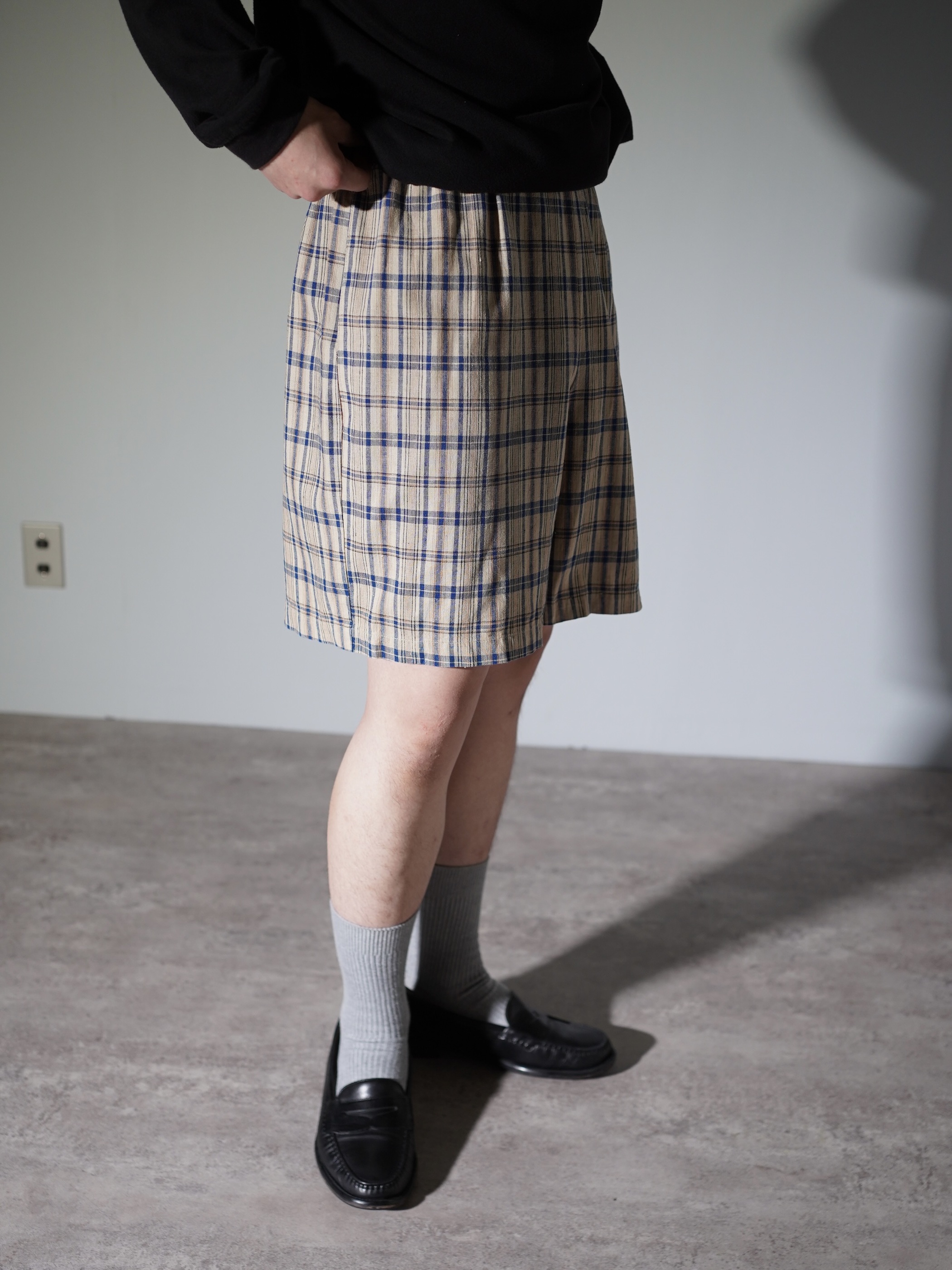 1990's KZK Elastic Cotton linen check shorts / Made in Hong Kong