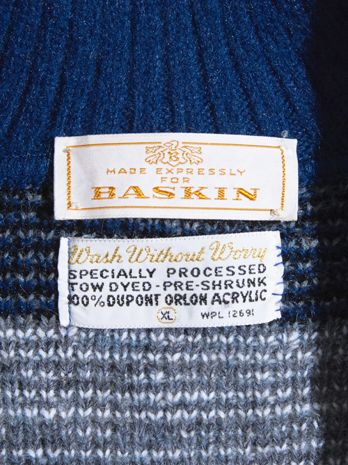 1970s "BASKIN" acrylic nordik pattern high neck zip up knit -BLUE-