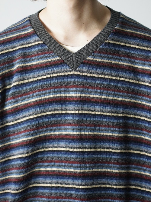 ROUNDTREE&YORKE Acrylic×Wool border V-neck knit sweater/Made in Italy