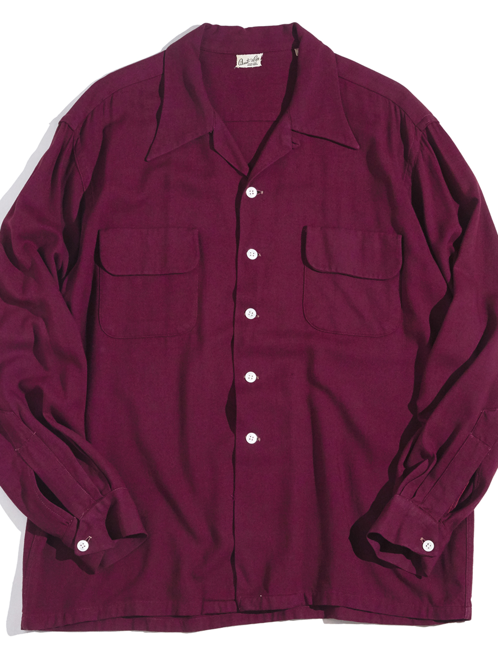 1940s "unknown" rayon / wool? gabardine open collar shirt -BURGANDY-