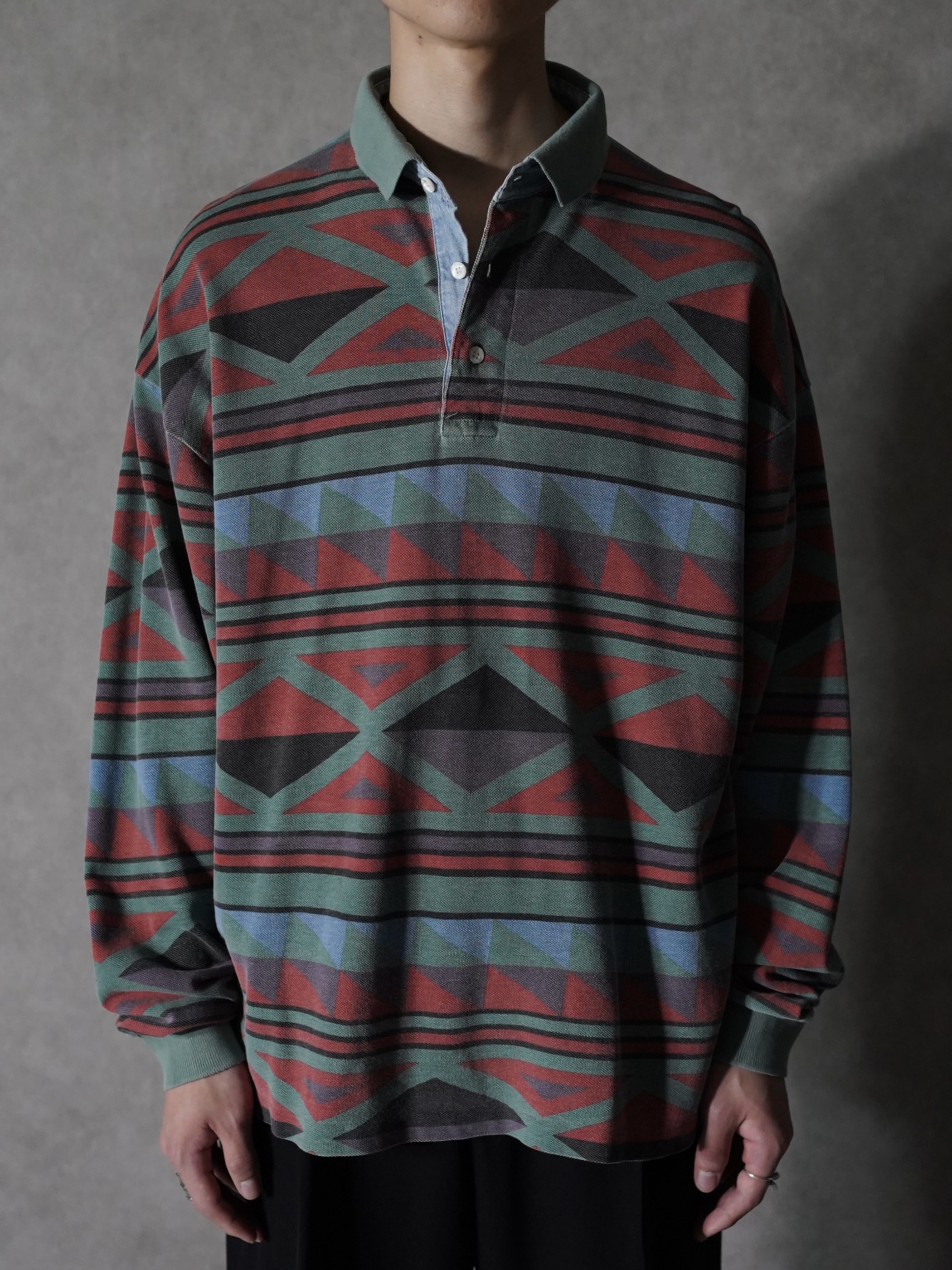 1990's THOMAS BRoS tribal pattern L/S 鹿の子polo shirt/Made in Hong Kong
