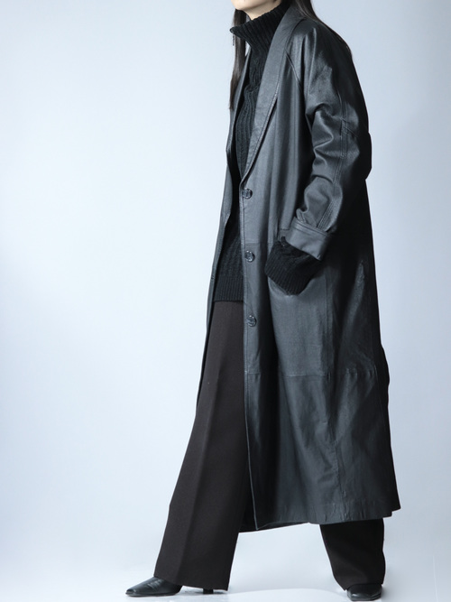 Shawl Collar Long Leather Coat
