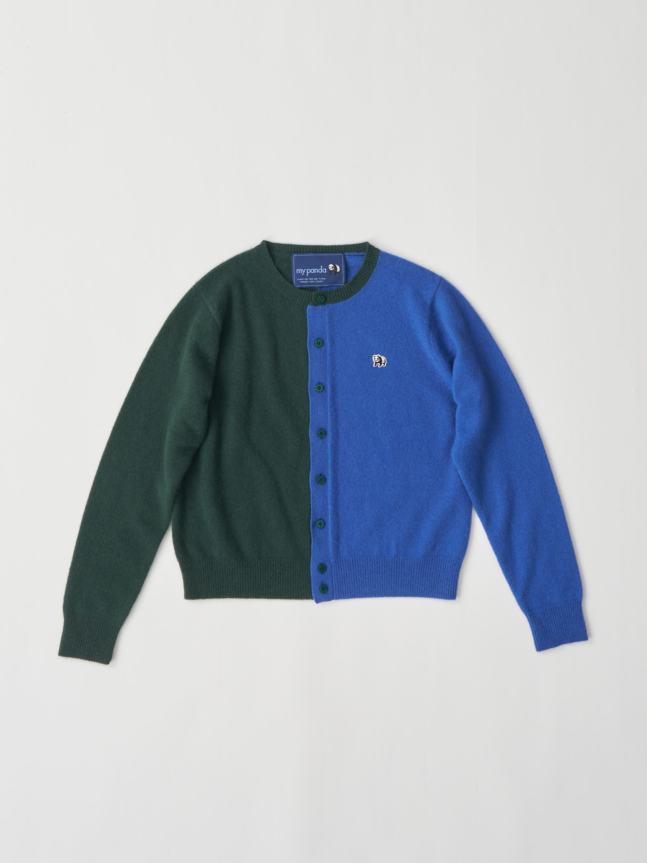 【受注商品】two-tone cashmere cardigan・GREEN×BLUE