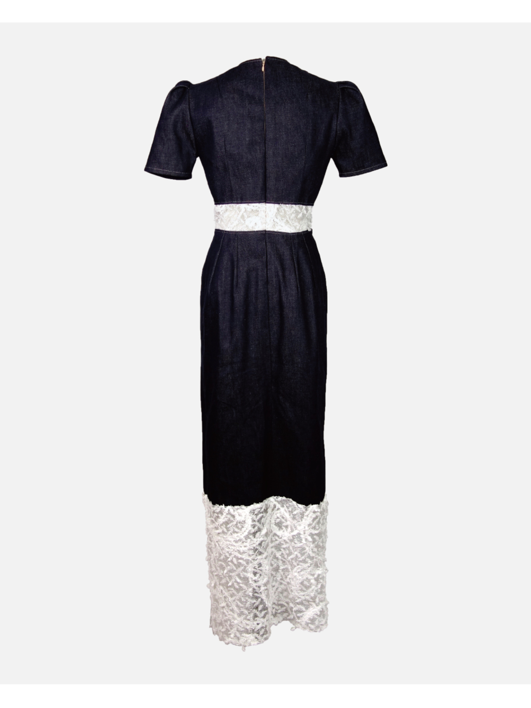 Denim dress with spangled leaf lace