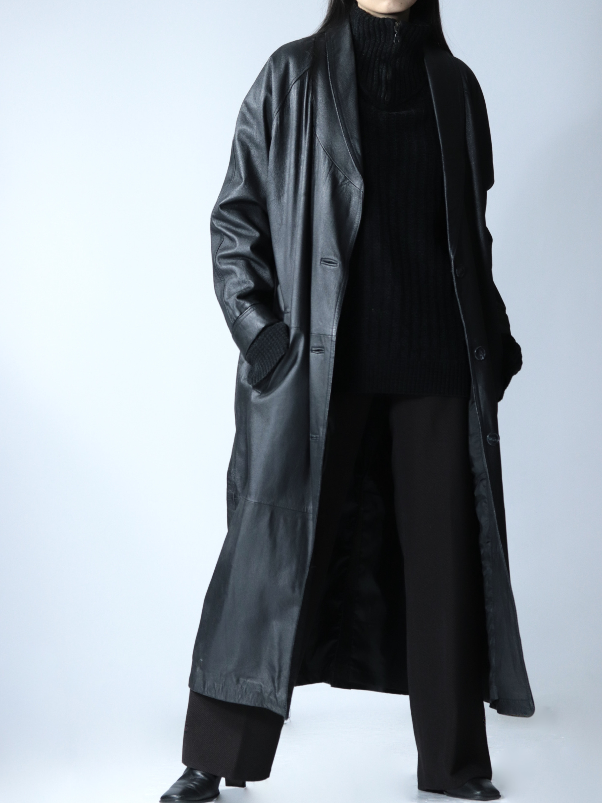 Shawl Collar Long Leather Coat