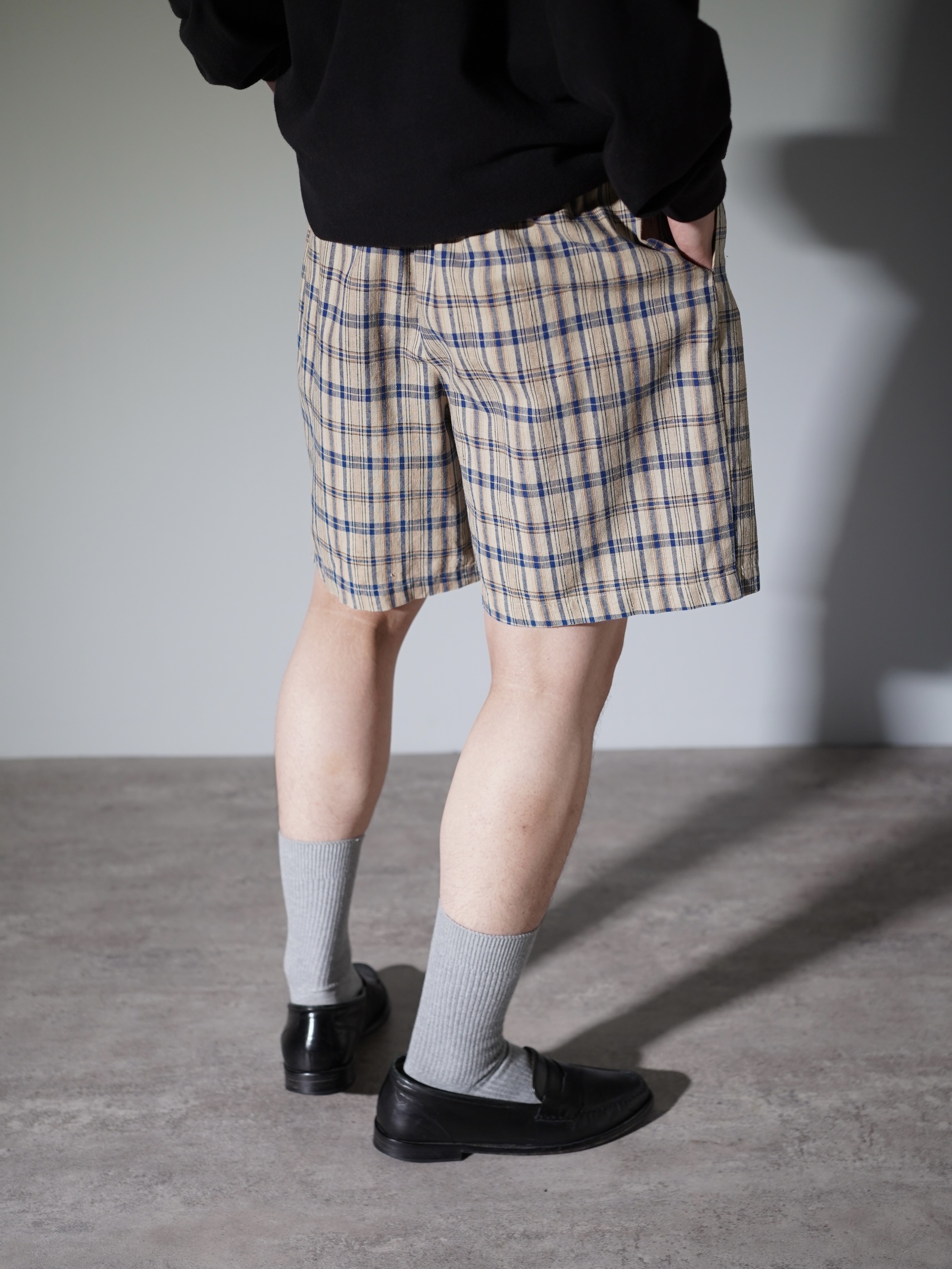 1990's KZK Elastic Cotton linen check shorts / Made in Hong Kong