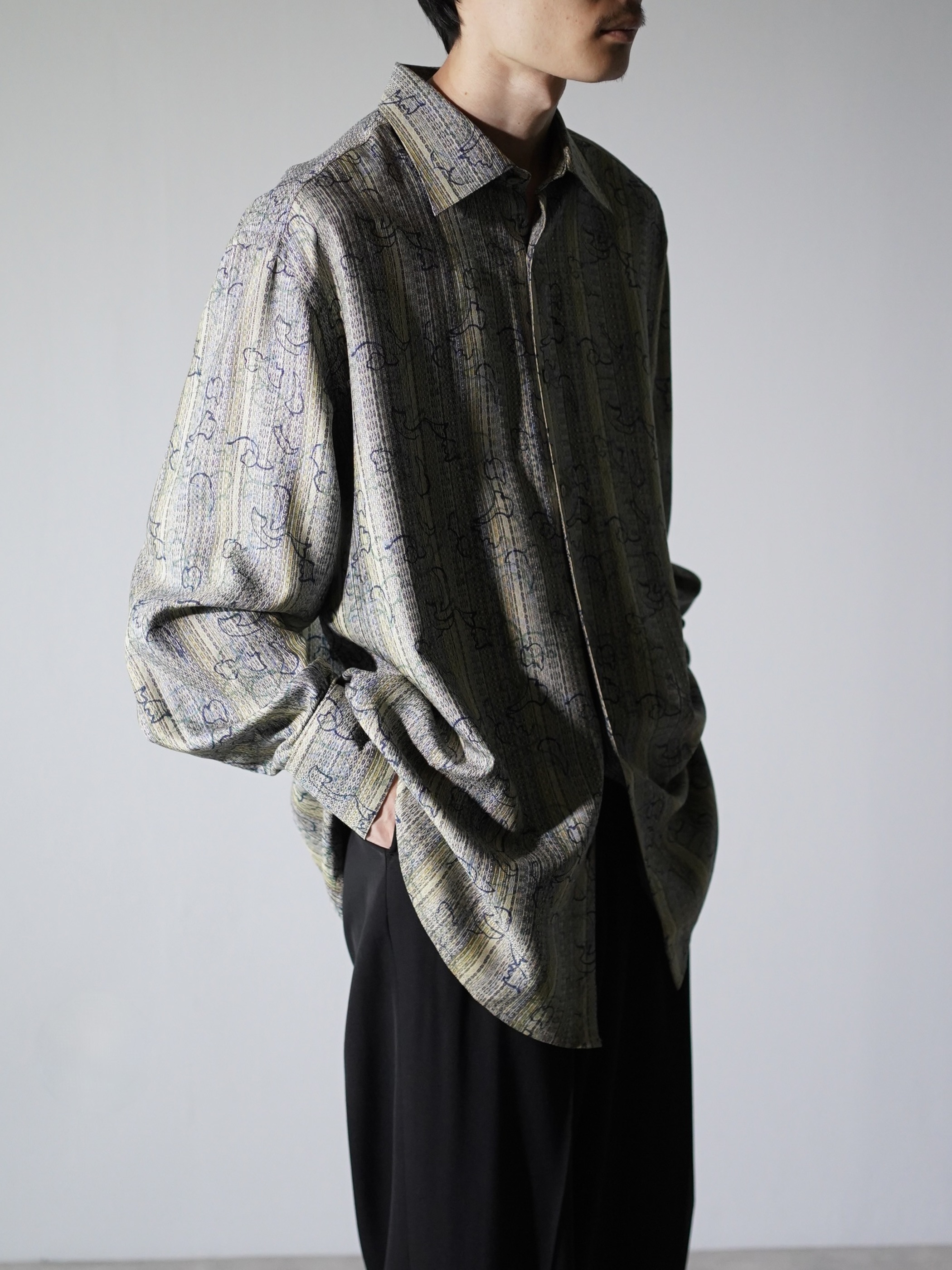 1990's JHANE BARNES Silk Cotton abstract pattern on stripe L/S shirts