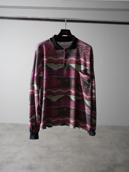 1980~90's wide silhouette native pattern L/S polo shirts