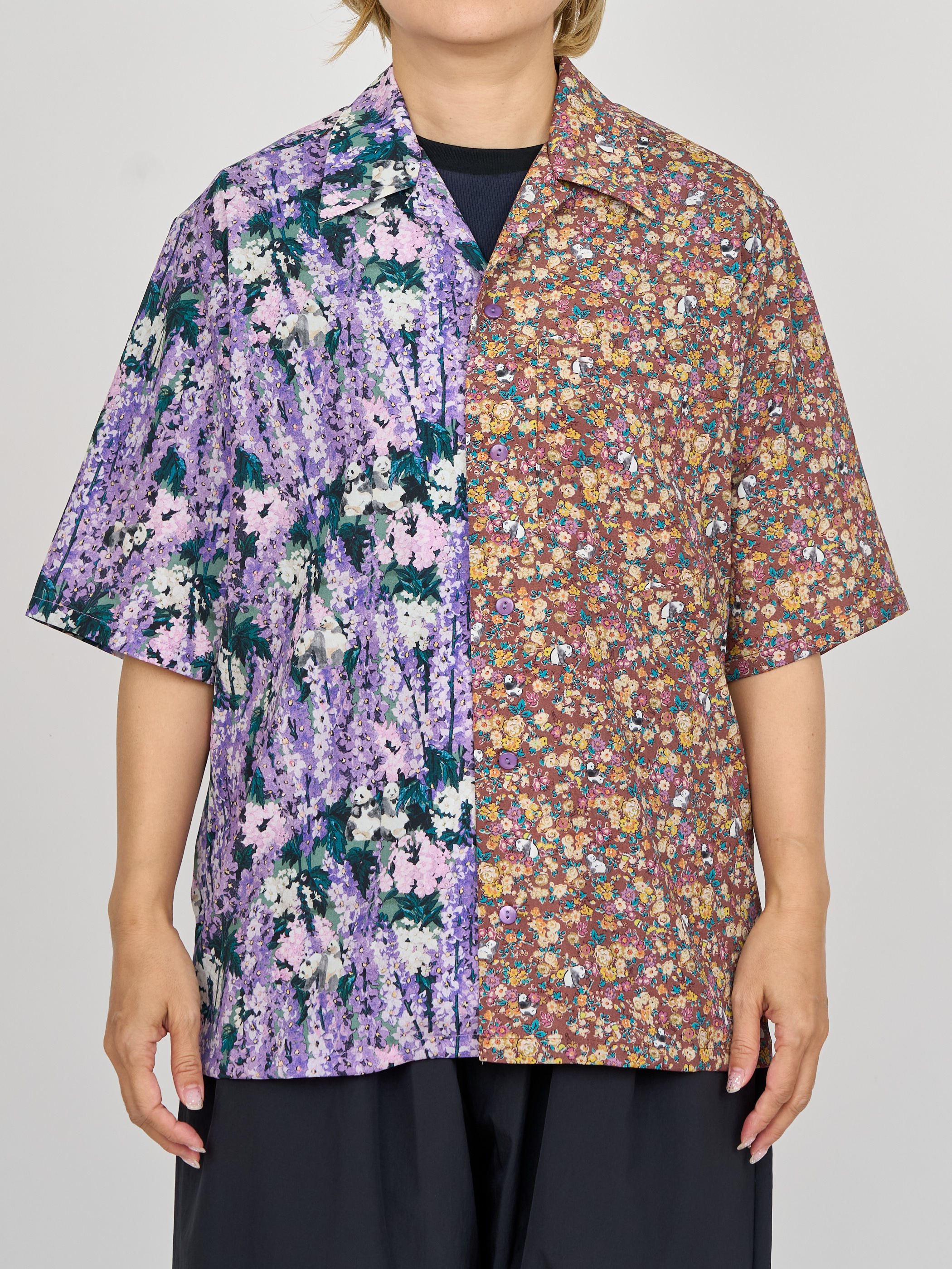 【受注商品】panda printed bowling shirt・PURPLE×BROWN