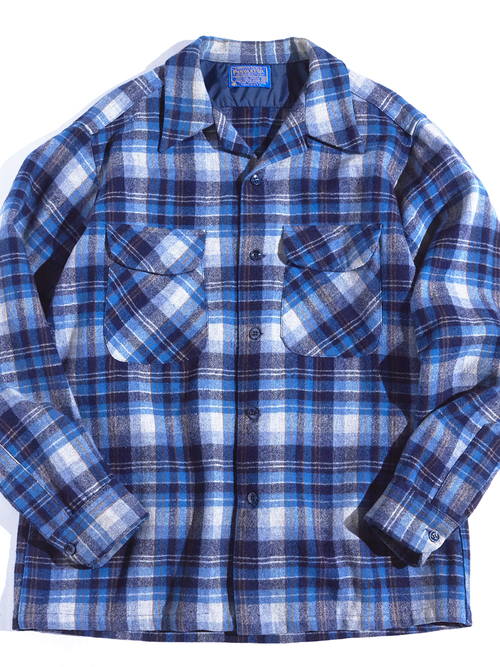 1970s "PENDLETON" open collar wool check shirt -BLUE-