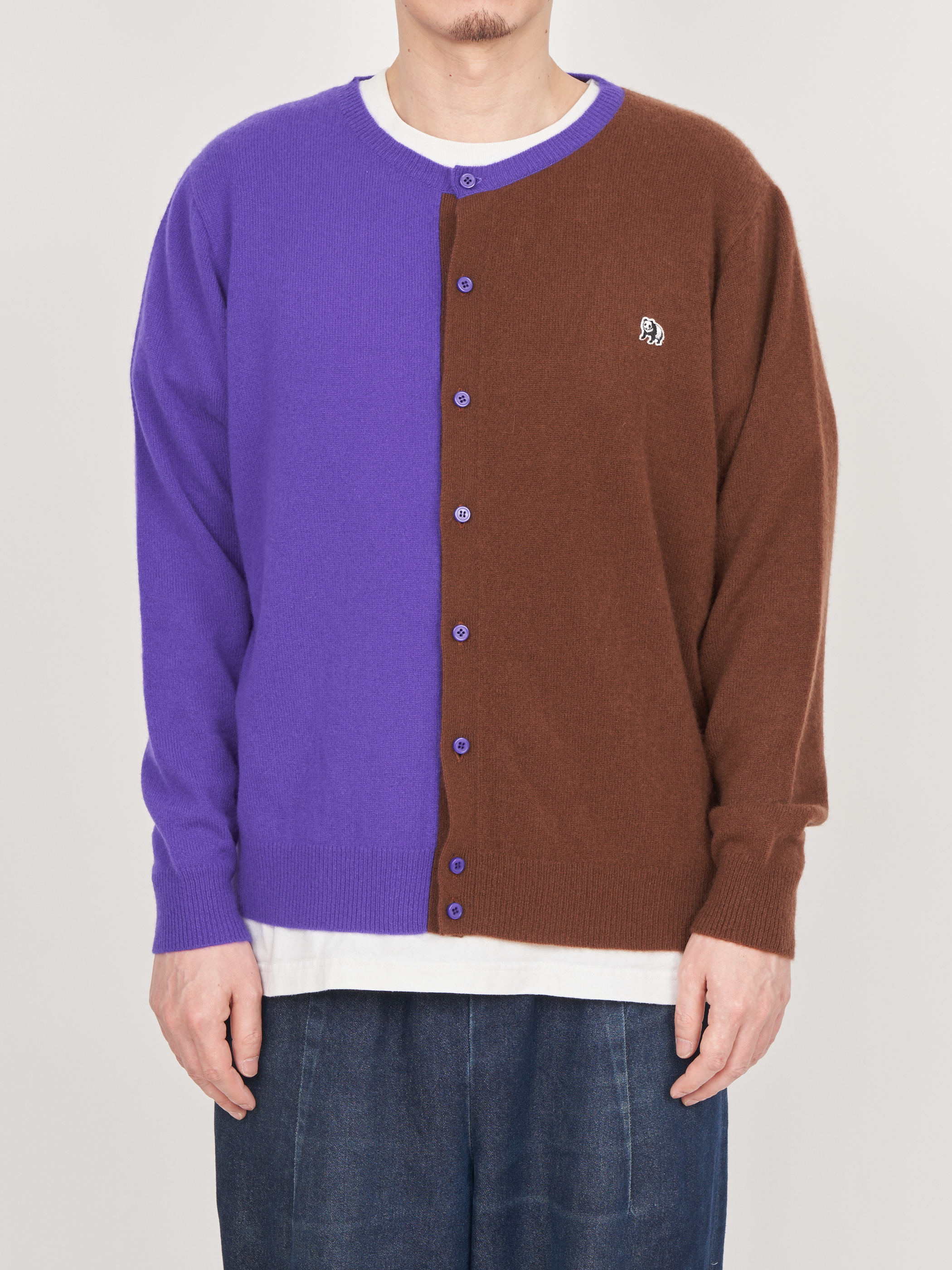 【受注商品】two-tone cashmere cardigan・PURPLE×BROWN
