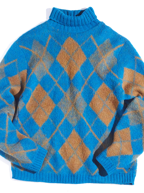 1970s "unknown" turtle neck argyle pattern mohair knit -TURQUOISE-